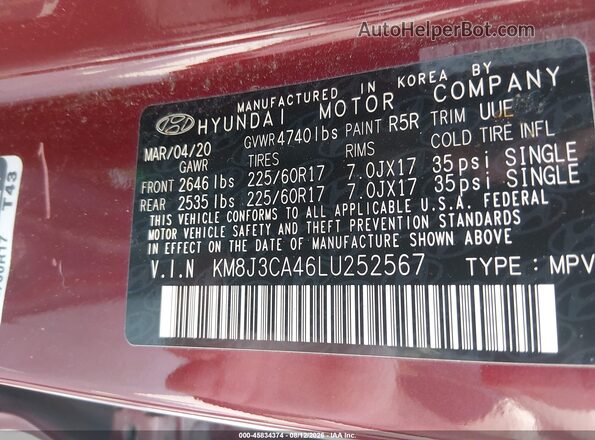 KM8J3CA46LU252567 2020 HYUNDAI TUCSON Red Շարժիչի բաժամունքի տեսք