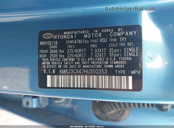 KM8J3CA47HU350353 2017 HYUNDAI TUCSON Blue Engine compartment view