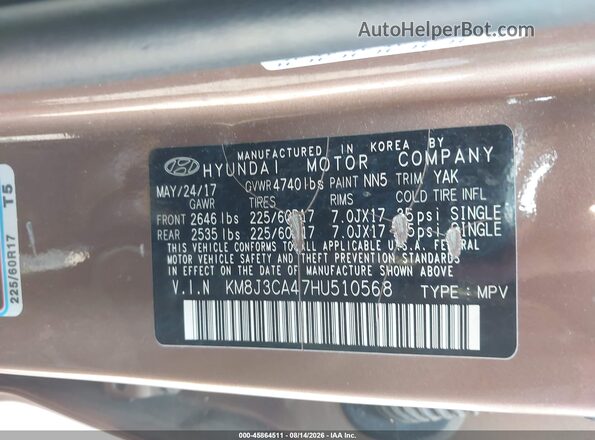 KM8J3CA47HU510568 2017 HYUNDAI TUCSON Brown Widok komory silnika
