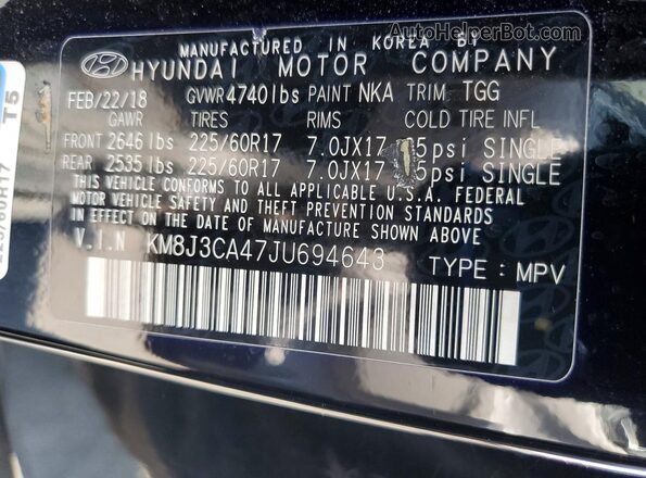 KM8J3CA47JU694643 2018 HYUNDAI TUCSON Black Vista de la etiqueta del VIN