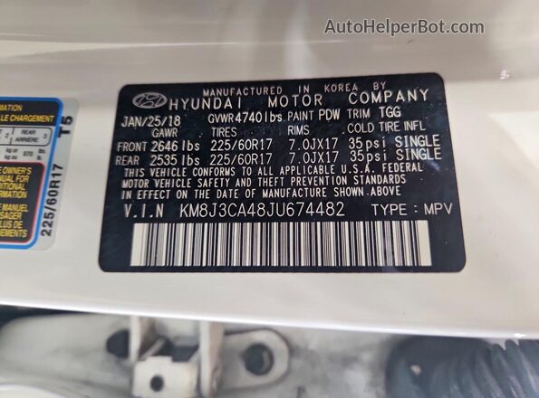 KM8J3CA48JU674482 2018 HYUNDAI TUCSON Белый Вид наклейки с VIN-кодом