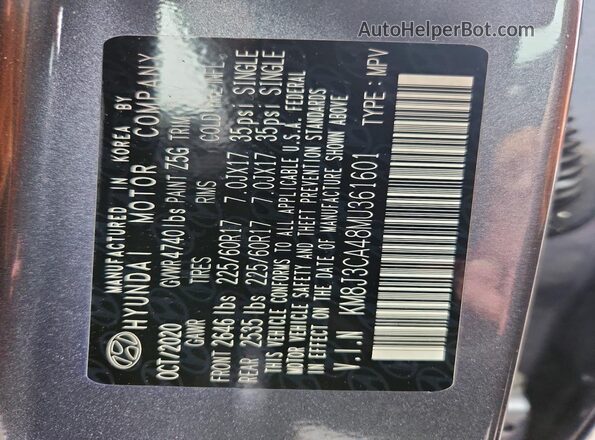 KM8J3CA48MU361601 2021 HYUNDAI TUCSON Gray Widok wnętrza 360 stopni