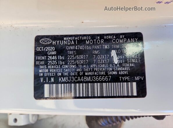 KM8J3CA48MU366667 2021 HYUNDAI TUCSON White Widok naklejki z numerem VIN