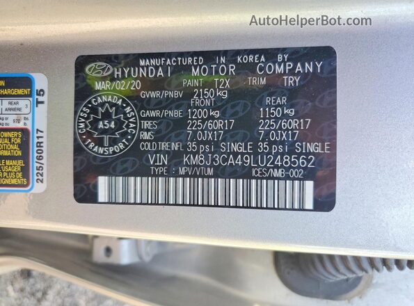 KM8J3CA49LU248562 2020 HYUNDAI TUCSON Silver Vista de la etiqueta del VIN