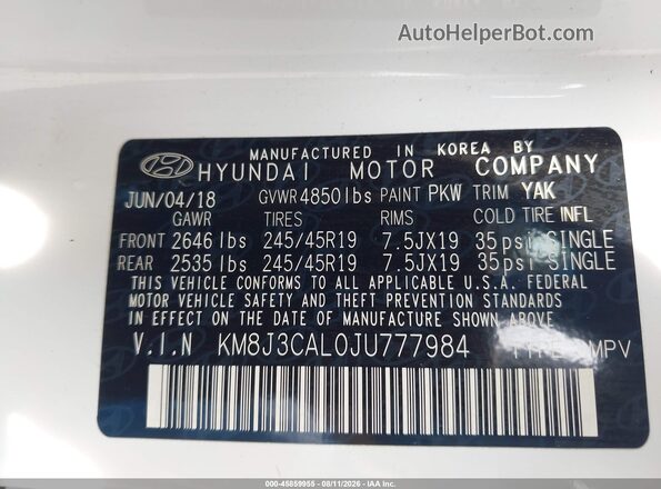 KM8J3CAL0JU777984 2018 HYUNDAI TUCSON White Engine compartment view