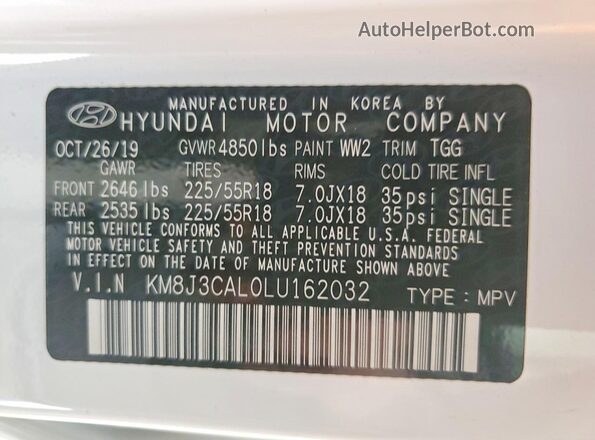 KM8J3CAL0LU162032 2020 HYUNDAI TUCSON White Widok wnętrza 360 stopni