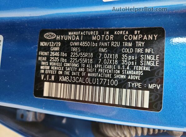KM8J3CAL0LU177100 2020 HYUNDAI TUCSON Blue VIN sticker view