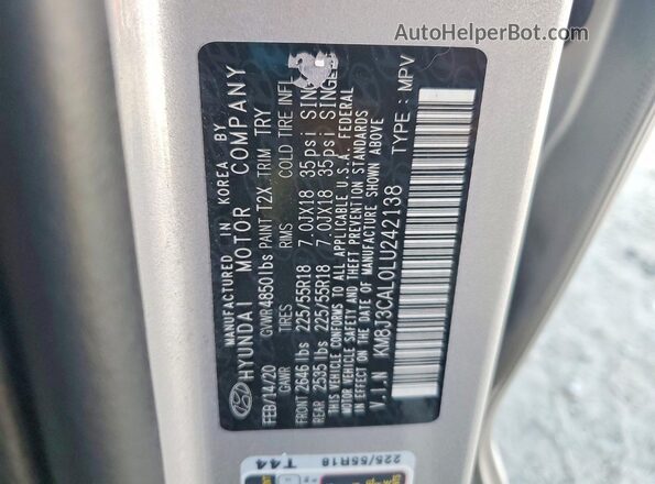 KM8J3CAL0LU242138 2020 HYUNDAI TUCSON Silver Widok wnętrza 360 stopni