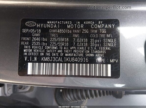 KM8J3CAL1KU840916 2019 HYUNDAI TUCSON Серый Вид подкапотного пространства
