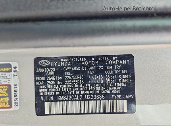 KM8J3CAL2LU223638 2020 HYUNDAI TUCSON Silver VIN კოდის სტიკერის ხედი