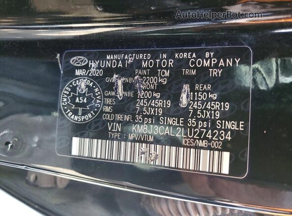 KM8J3CAL2LU274234 2020 HYUNDAI TUCSON Black Widok naklejki z numerem VIN