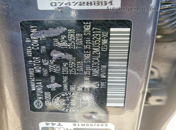 KM8J3CAL2MU352917 2021 HYUNDAI TUCSON Серый Вид наклейки с VIN-кодом