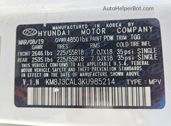 KM8J3CAL3KU985214 2019 HYUNDAI TUCSON White VIN sticker view