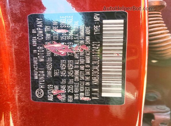 KM8J3CAL3LU112421 2020 HYUNDAI TUCSON Red Панорамний вид салону 360°