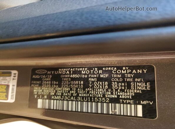 KM8J3CAL3LU115352 2020 HYUNDAI TUCSON Gray VIN կոդի պիտակի տեսք