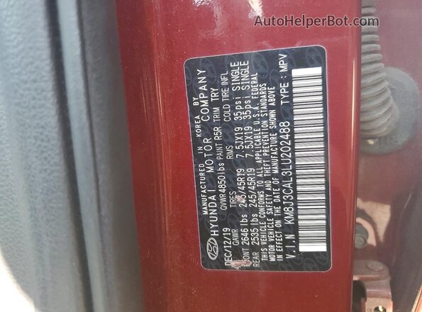 KM8J3CAL3LU202488 2020 HYUNDAI TUCSON Бордовый Панорамный вид салона 360°