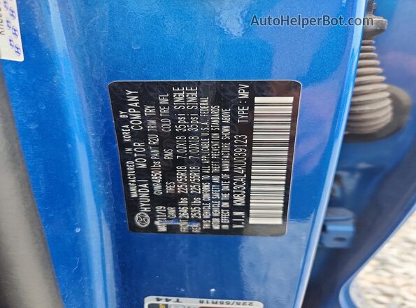 KM8J3CAL4KU039123 2019 HYUNDAI TUCSON Blue Вид наклейки з VIN-кодом