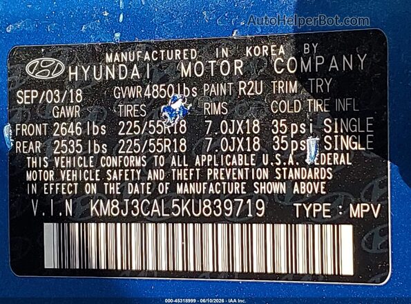 KM8J3CAL5KU839719 2019 HYUNDAI TUCSON Blue ძრავის განყოფილების ხედი