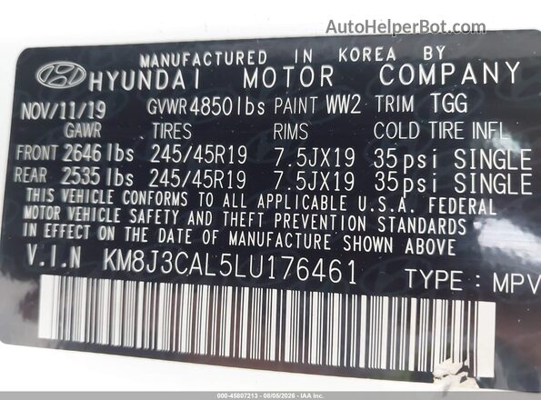 KM8J3CAL5LU176461 2020 HYUNDAI TUCSON White Vista del compartimento del motor