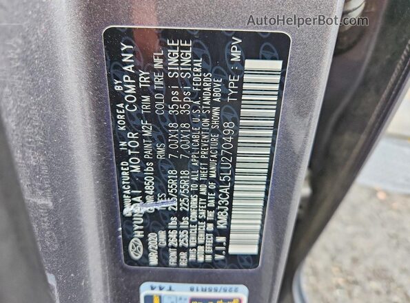 KM8J3CAL5LU270498 2020 HYUNDAI TUCSON Серый Панорамный вид салона 360°