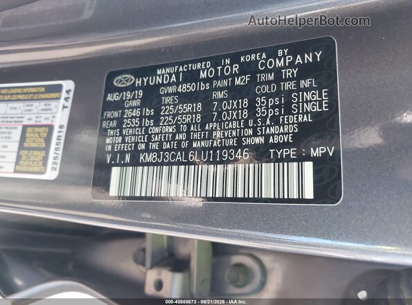 KM8J3CAL6LU119346 2020 HYUNDAI TUCSON Gray Շարժիչի բաժամունքի տեսք
