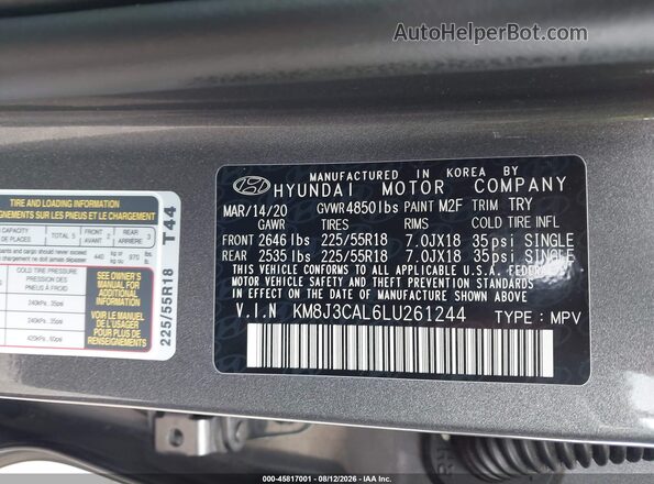 KM8J3CAL6LU261244 2020 HYUNDAI TUCSON Gray Engine compartment view