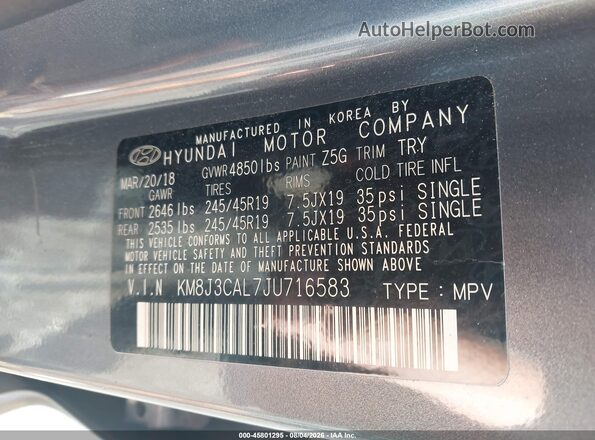 KM8J3CAL7JU716583 2018 HYUNDAI TUCSON Gray Vista del compartimento del motor