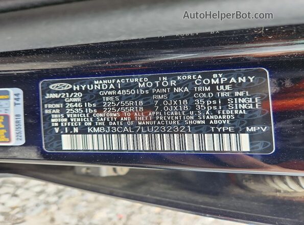 KM8J3CAL7LU232321 2020 HYUNDAI TUCSON Black VIN კოდის სტიკერის ხედი