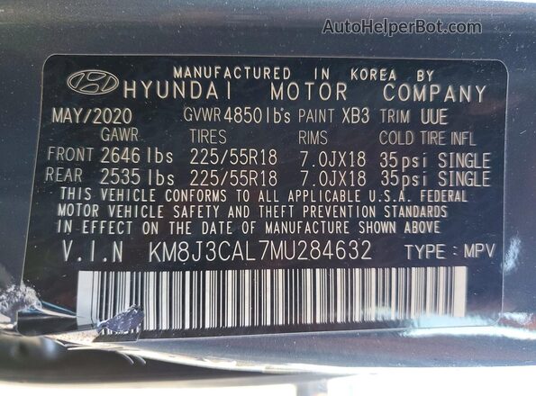 KM8J3CAL7MU284632 2021 HYUNDAI TUCSON Charcoal VIN კოდის სტიკერის ხედი