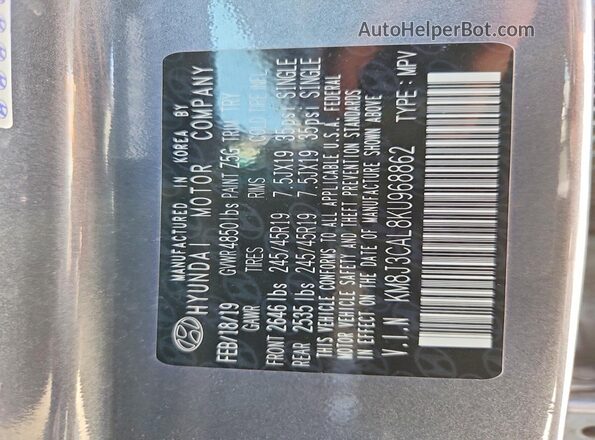 KM8J3CAL8KU968862 2019 HYUNDAI TUCSON Серый Вид подкапотного пространства