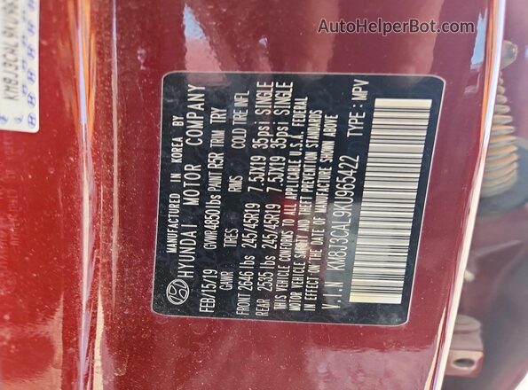KM8J3CAL9KU965422 2019 HYUNDAI TUCSON Red Սալոնի 360 աստիճան տեսք