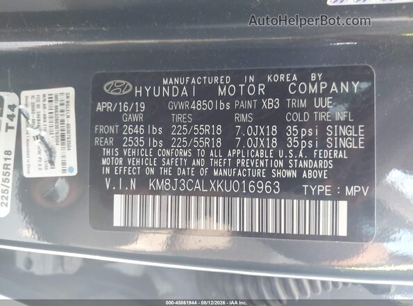 KM8J3CALXKU016963 2019 HYUNDAI TUCSON Blue ძრავის განყოფილების ხედი
