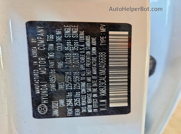 KM8J3CALXMU406688 2021 HYUNDAI TUCSON Белый Вид наклейки с VIN-кодом