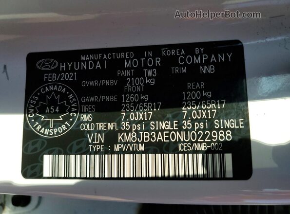 KM8JB3AE0NU022988 2022 HYUNDAI TUCSON White Սալոնի 360 աստիճան տեսք