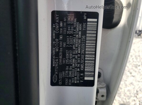 KM8JB3AE3NU091156 2022 HYUNDAI TUCSON White Вид наклейки з VIN-кодом