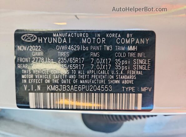 KM8JB3AE6PU204553 2023 HYUNDAI TUCSON White Вид наклейки з VIN-кодом