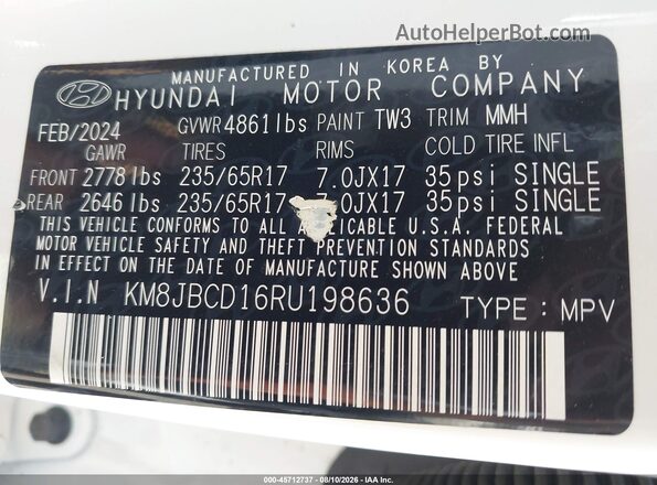 KM8JBCD16RU198636 2024 HYUNDAI TUCSON HYBRID White Vista del compartimento del motor