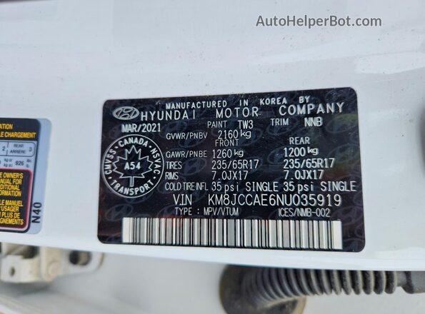 KM8JCCAE6NU035919 2022 HYUNDAI TUCSON White Вид наклейки з VIN-кодом