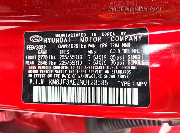 KM8JF3AE2NU123535 2022 HYUNDAI TUCSON Maroon ძრავის განყოფილების ხედი