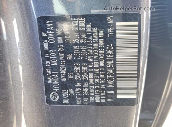 KM8JF3AE5NU169604 2022 HYUNDAI TUCSON Gray VIN կոդի պիտակի տեսք