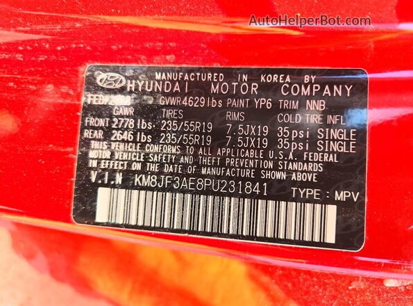 KM8JF3AE8PU231841 2023 HYUNDAI TUCSON Red Панорамний вид салону 360°