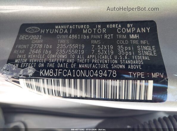 KM8JFCA10NU049478 2022 HYUNDAI TUCSON HYBRID Серый Вид подкапотного пространства