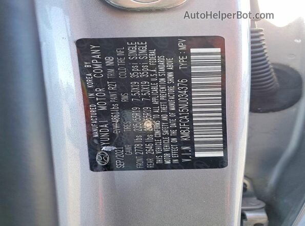 KM8JFCA15NU034376 2022 HYUNDAI TUCSON Gray Вид наклейки з VIN-кодом