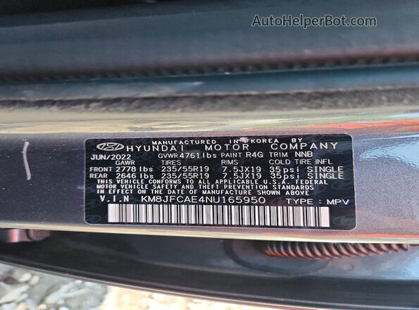 KM8JFCAE4NU165950 2022 HYUNDAI TUCSON Gray Vista interior de 360 grados