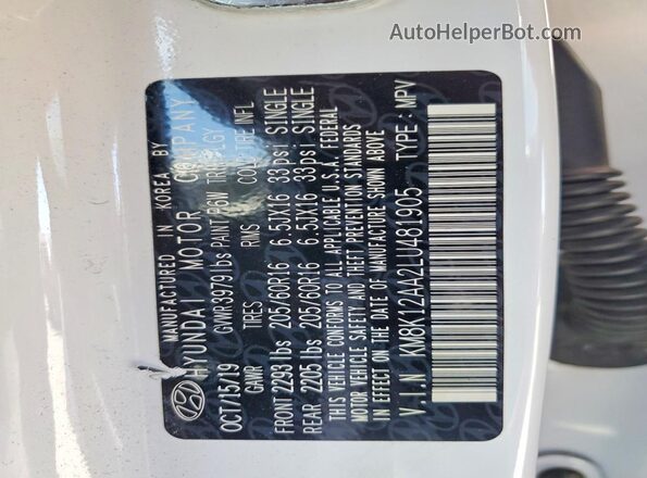 KM8K12AA2LU481905 2020 HYUNDAI KONA White VIN sticker view