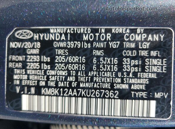 KM8K12AA7KU267362 2019 HYUNDAI KONA Gray Widok naklejki z numerem VIN
