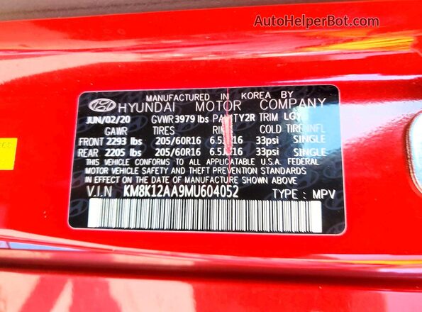 KM8K12AA9MU604052 2021 HYUNDAI KONA Красный Вид наклейки с VIN-кодом
