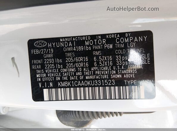 KM8K1CAA0KU331523 2019 HYUNDAI KONA White Widok komory silnika