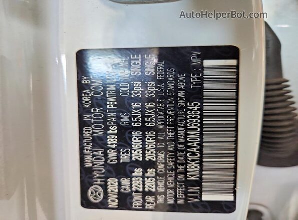 KM8K1CAA0MU693645 2021 HYUNDAI KONA White VIN կոդի պիտակի տեսք