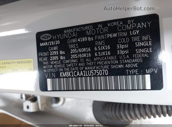 KM8K1CAA1LU575070 2020 HYUNDAI KONA Белый Вид подкапотного пространства